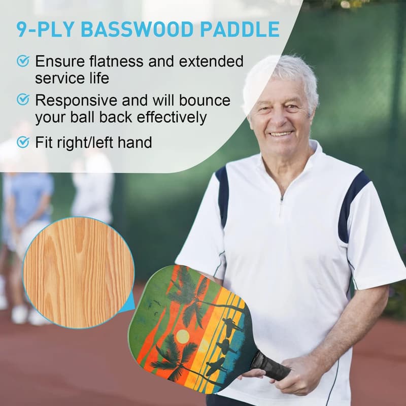 Pickleball Set for Beginners: 4 Basswood Paddles, 4 Balls, Carry Bag