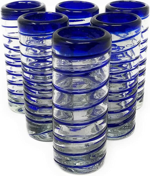 Hand Blown Blue Spiral Tequila Shot Glasses - Set of 6