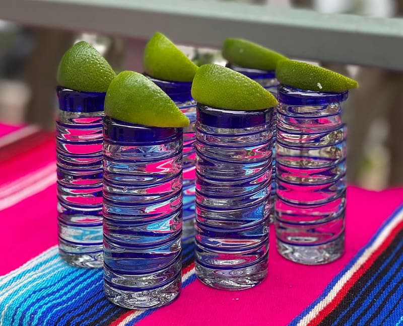 Hand Blown Blue Spiral Tequila Shot Glasses - Set of 6