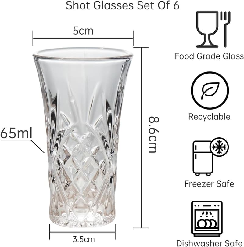 Set of 6 Heavy Base Tequila Shot Glasses, 65ML