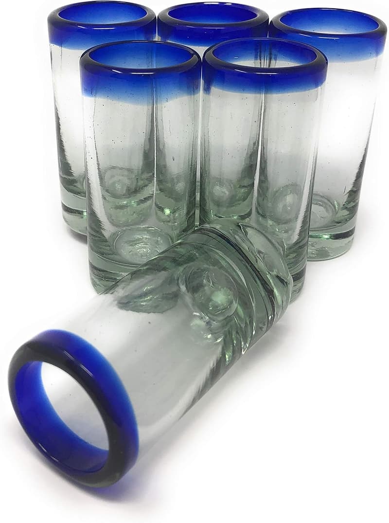 Cobalt Blue Rim Hand Blown Tequila Shot Glasses - Set of 6