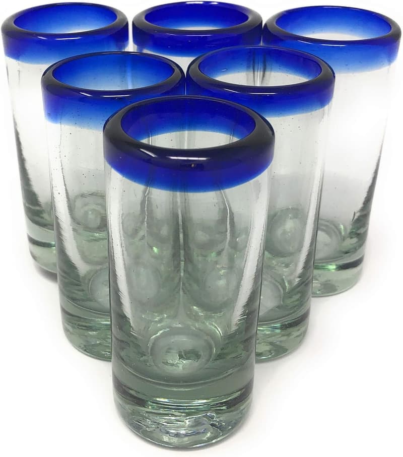 Cobalt Blue Rim Hand Blown Tequila Shot Glasses - Set of 6