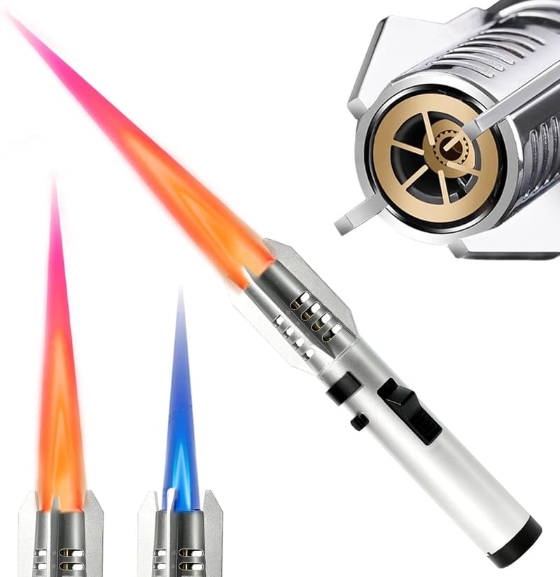 Windproof Butane Torch Lighter for Camping and BBQ (Silver)