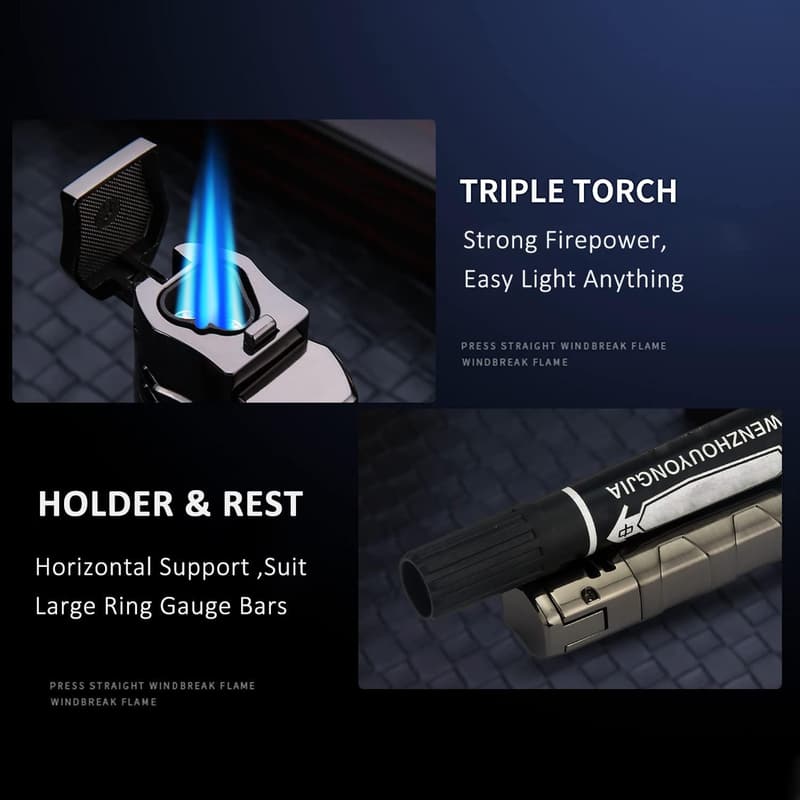 Black Triple Jet Flame Refillable Butane Windproof Lighter