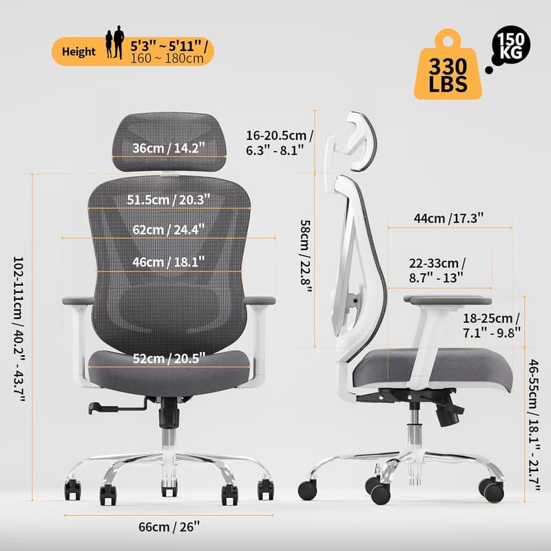 Ergonomic Office Chair with 3D Lumbar Support & Adjustable Armrests