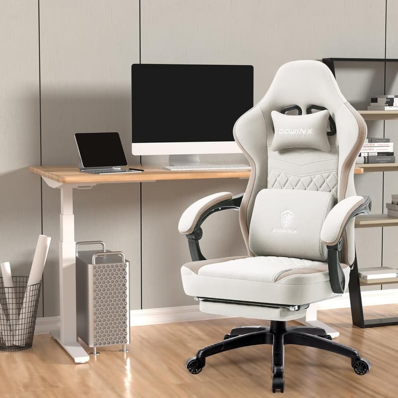 Comfortable Beige Gaming Chair with Massage, Footrest & Storage