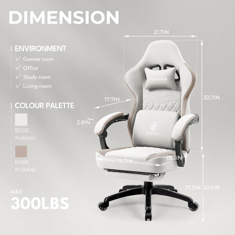 Comfortable Beige Gaming Chair with Massage, Footrest & Storage