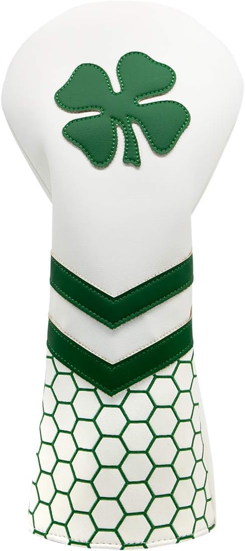 Golf Club Headcover - Lucky Clover, White Synthetic Leather