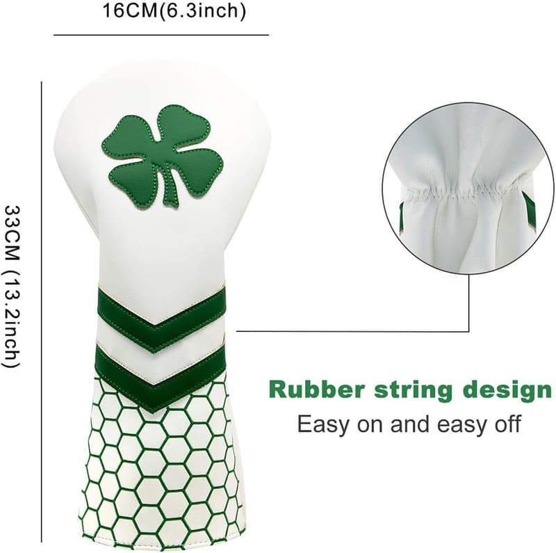 Golf Club Headcover - Lucky Clover, White Synthetic Leather