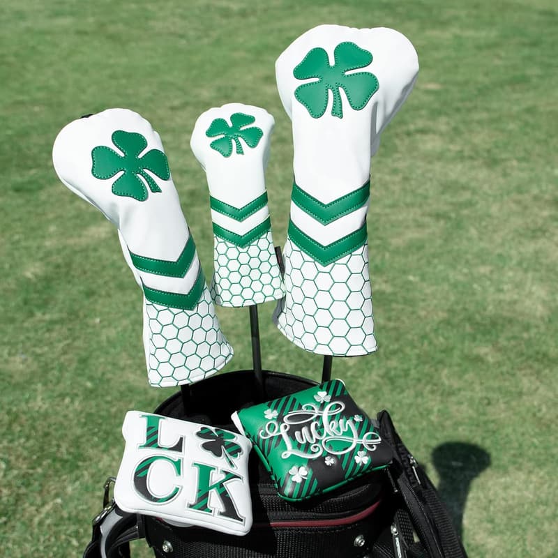 Golf Club Headcover - Lucky Clover, White Synthetic Leather