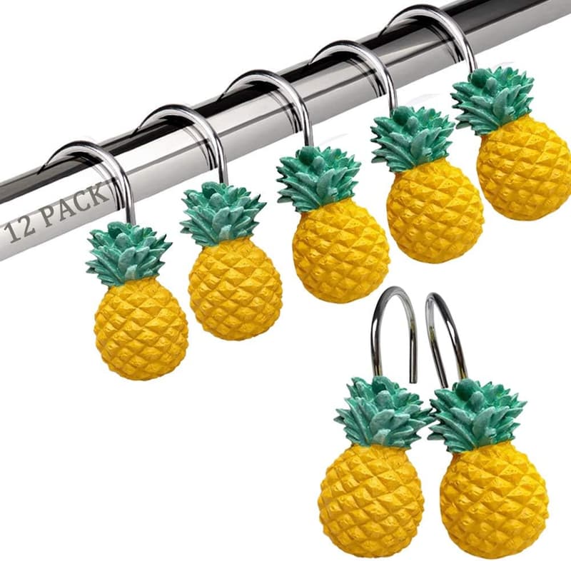 Cute Yellow Pineapple Shower Curtain Hooks - Set of 12 Rust Resistant