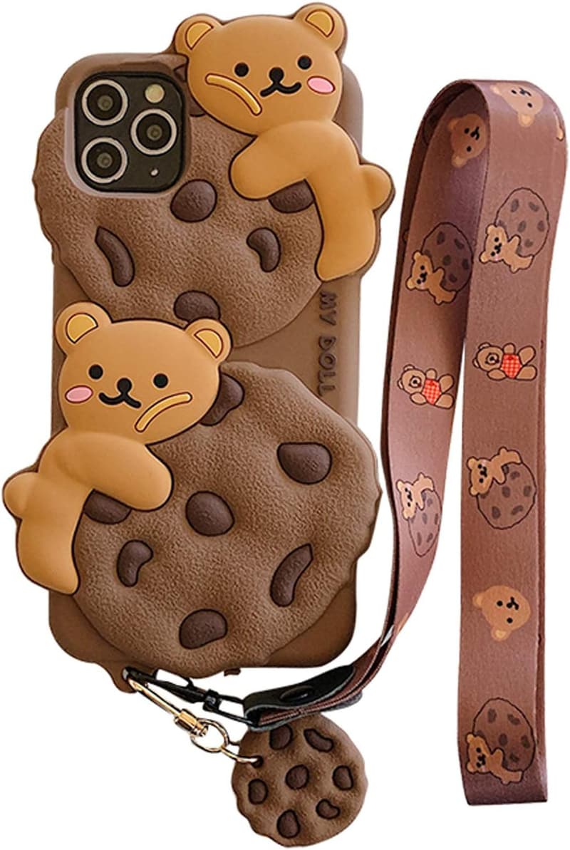 Kawaii Bear Cookie iPhone 12 Case with Lanyard for Women