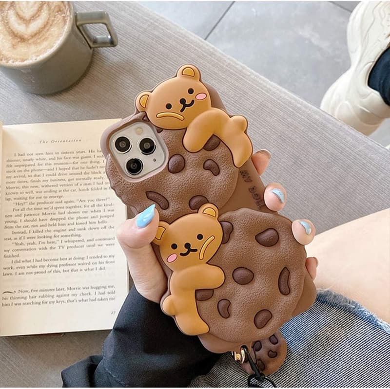 Kawaii Bear Cookie iPhone 12 Case with Lanyard for Women