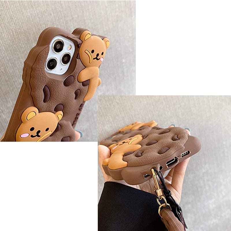 Kawaii Bear Cookie iPhone 12 Case with Lanyard for Women