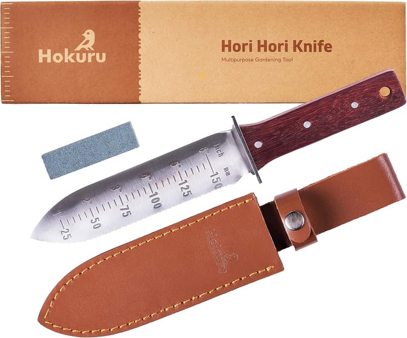 Hori Hori Knife - Stainless Steel Gardening Tool with Leather Sheath