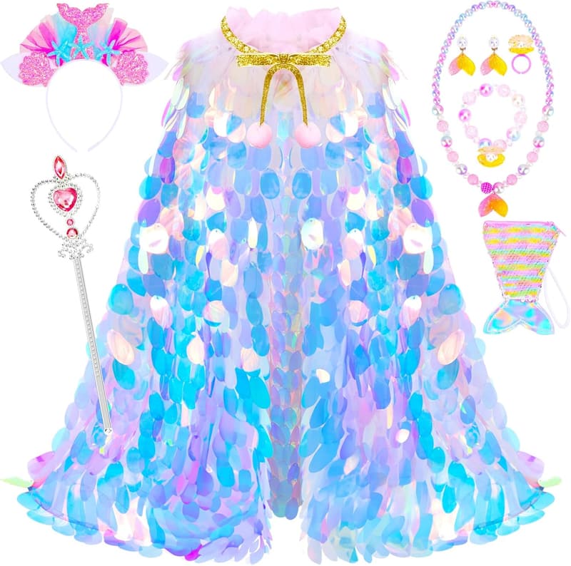 Rainbow Mermaid Dress Up Cape Kit for Girls Ages 3-8