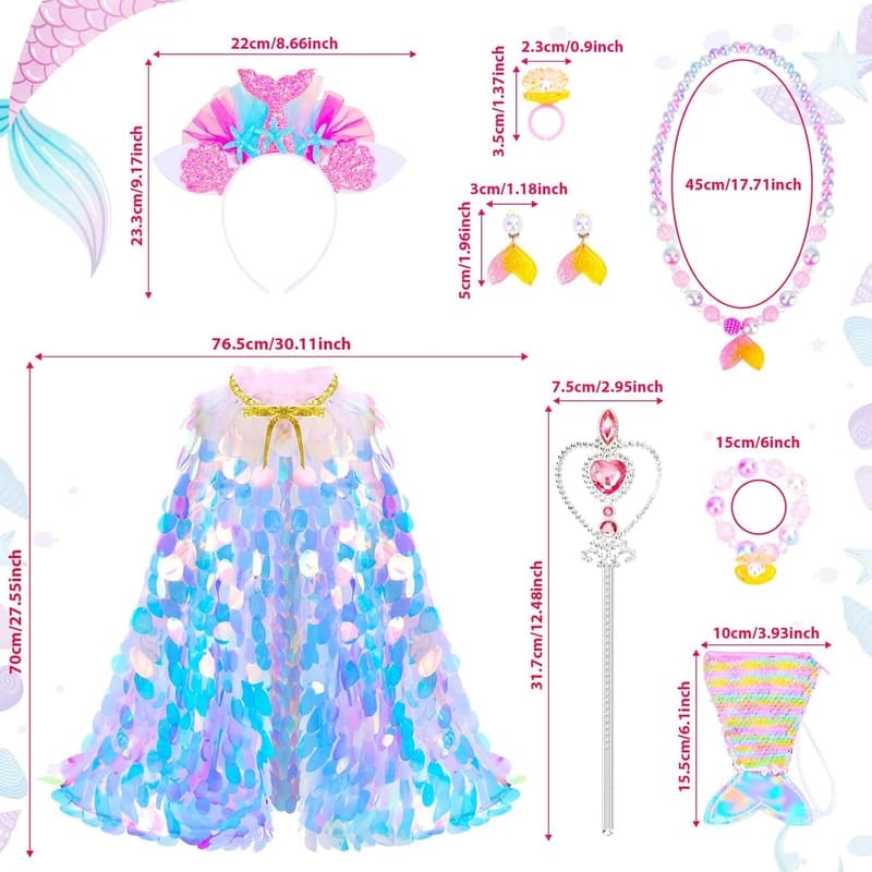 Rainbow Mermaid Dress Up Cape Kit for Girls Ages 3-8