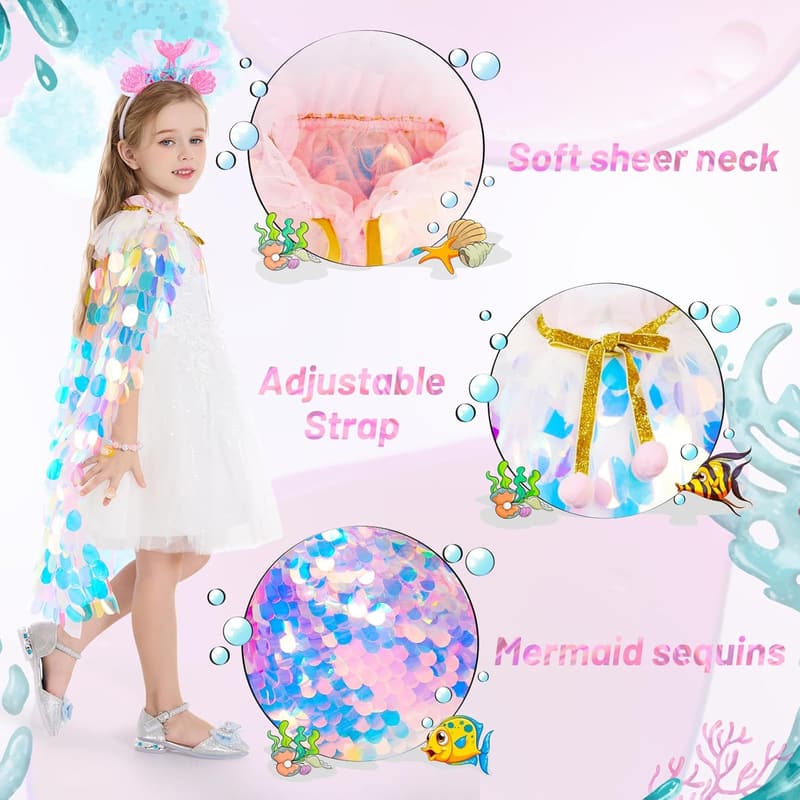Rainbow Mermaid Dress Up Cape Kit for Girls Ages 3-8