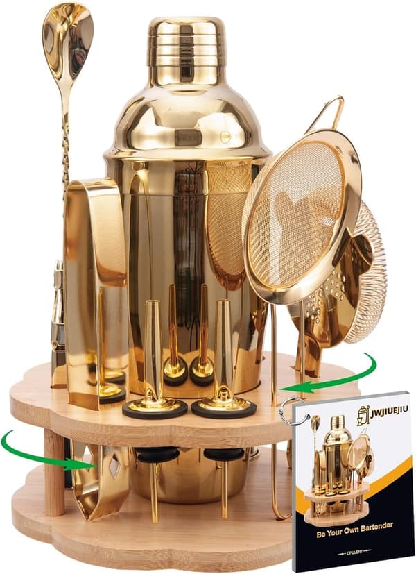 11-Piece Stainless Steel Cocktail Shaker Set with Bamboo Stand