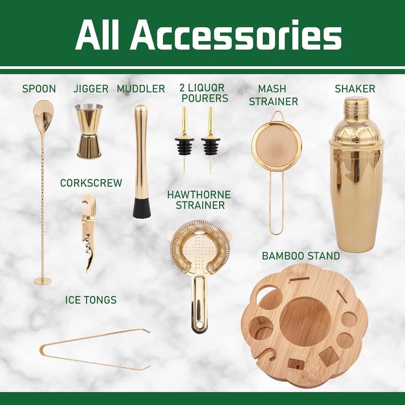 11-Piece Stainless Steel Cocktail Shaker Set with Bamboo Stand