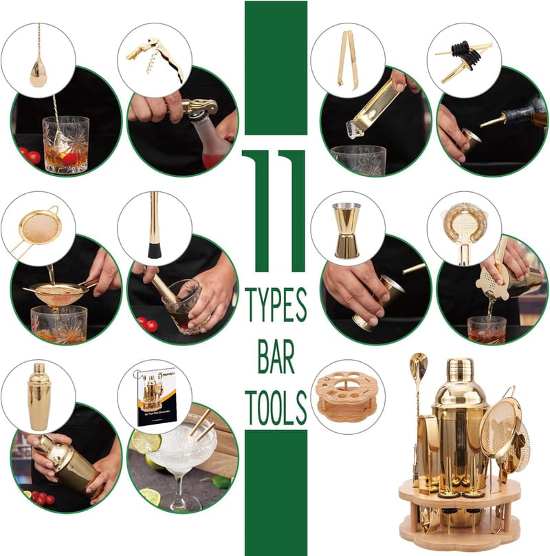 11-Piece Stainless Steel Cocktail Shaker Set with Bamboo Stand