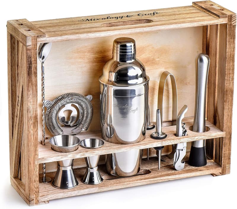 11-Piece Silver Bartender Kit with Wooden Stand