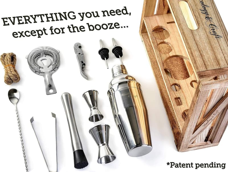 11-Piece Silver Bartender Kit with Wooden Stand