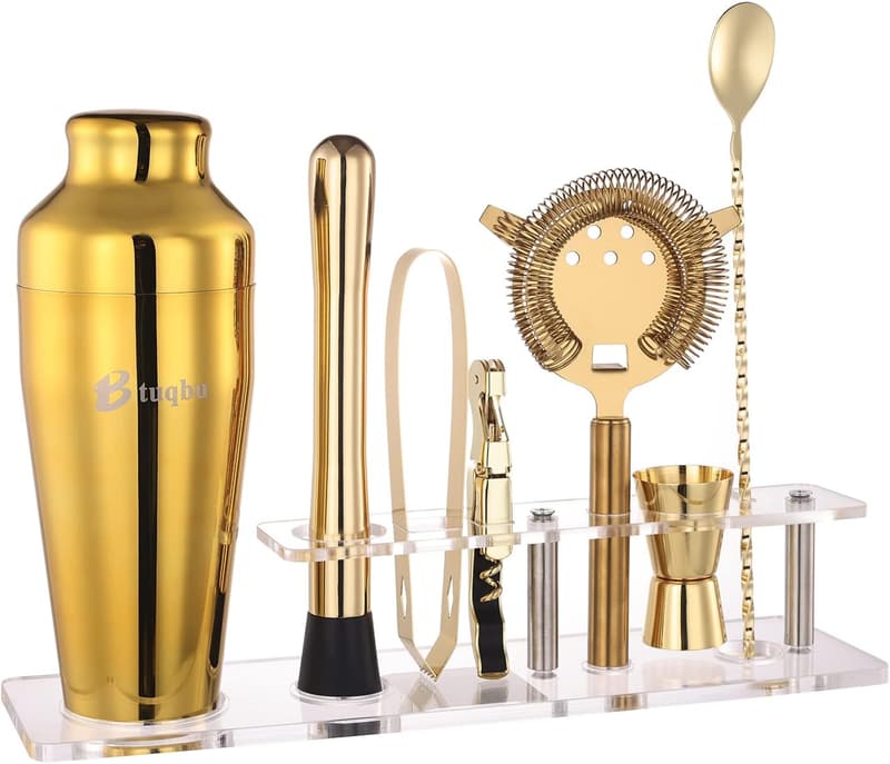 Gold Mixology Cocktail Shaker Set with 7 Tools and Stand