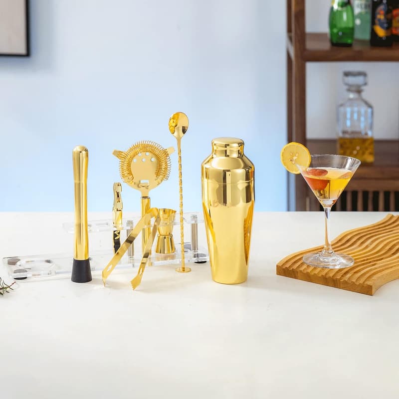 Gold Mixology Cocktail Shaker Set with 7 Tools and Stand