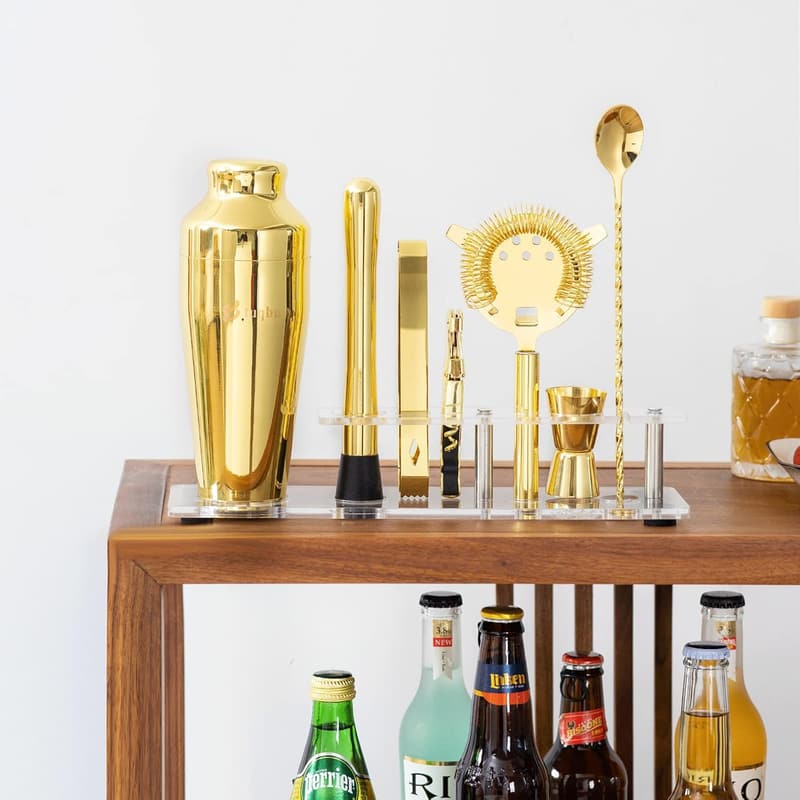 Gold Mixology Cocktail Shaker Set with 7 Tools and Stand