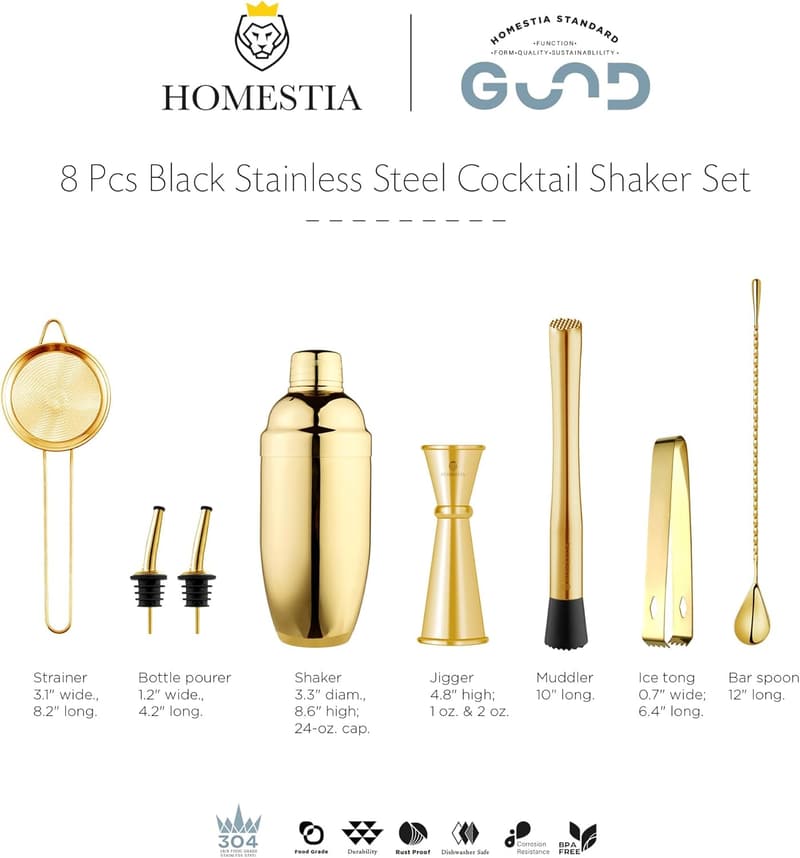 Gold Cocktail Shaker Set - 8-Piece Stainless Steel Mixology Kit