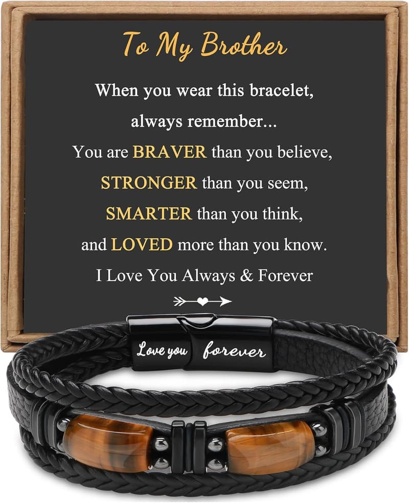 Father's Day Gift: Men's Leather Bracelet with Tiger Eye Stone