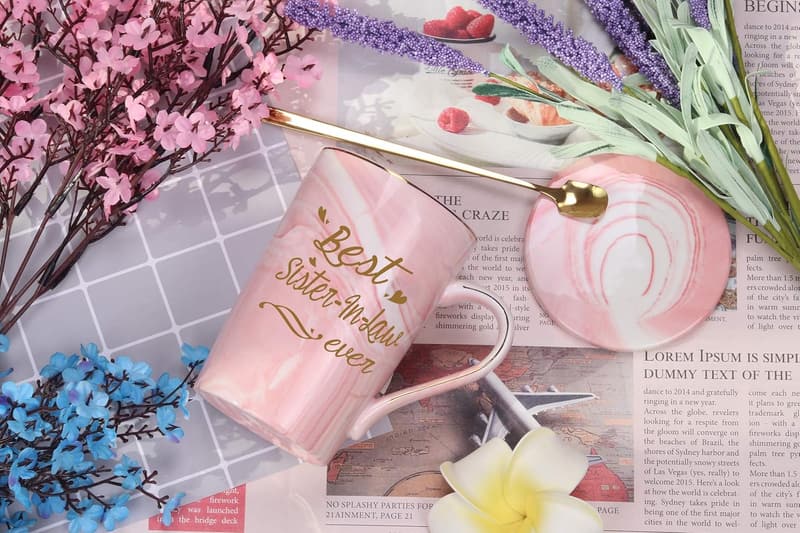 Sister-in-Law Gift Mug - 14 oz Pink with Box, Spoon, Coaster