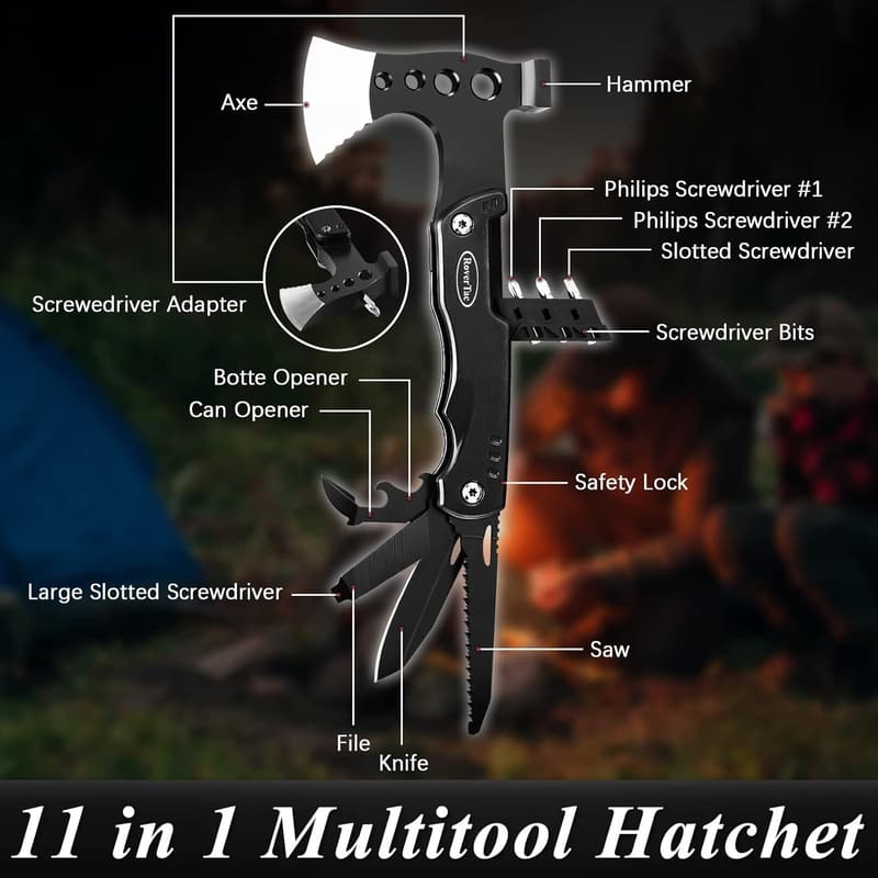 11-in-1 Camping Multi-Tool Axe with Nylon Sheath for Men