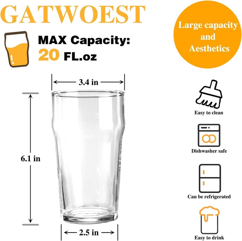 Classic British Pint Glasses Set of 6 - 20 oz, Stackable & Dishwasher Safe