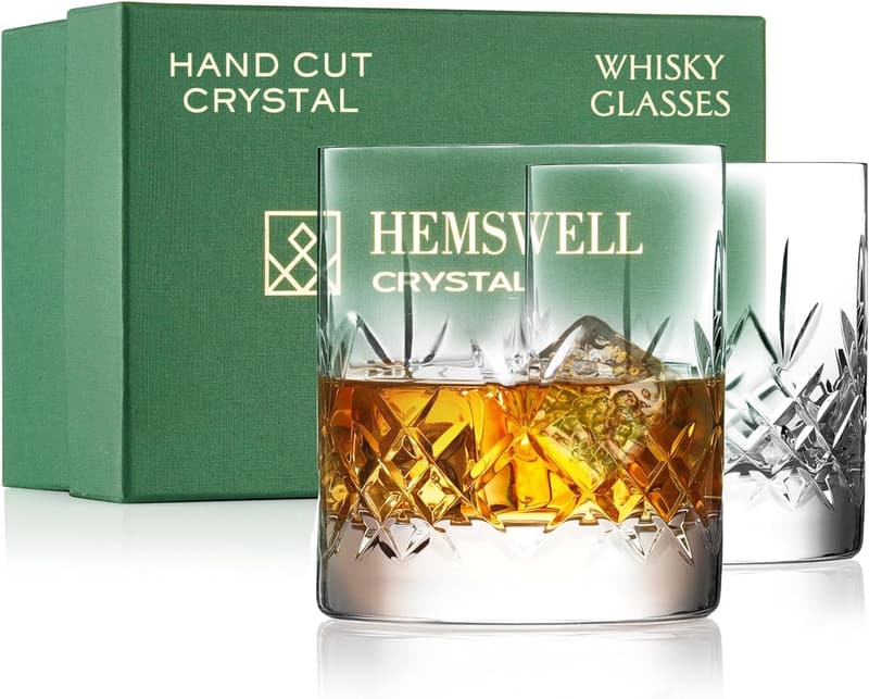 Luxury Cut Glass Whisky Tumblers Set - Satin Lined Box - 11oz
