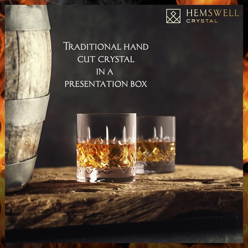 Luxury Cut Glass Whisky Tumblers Set - Satin Lined Box - 11oz