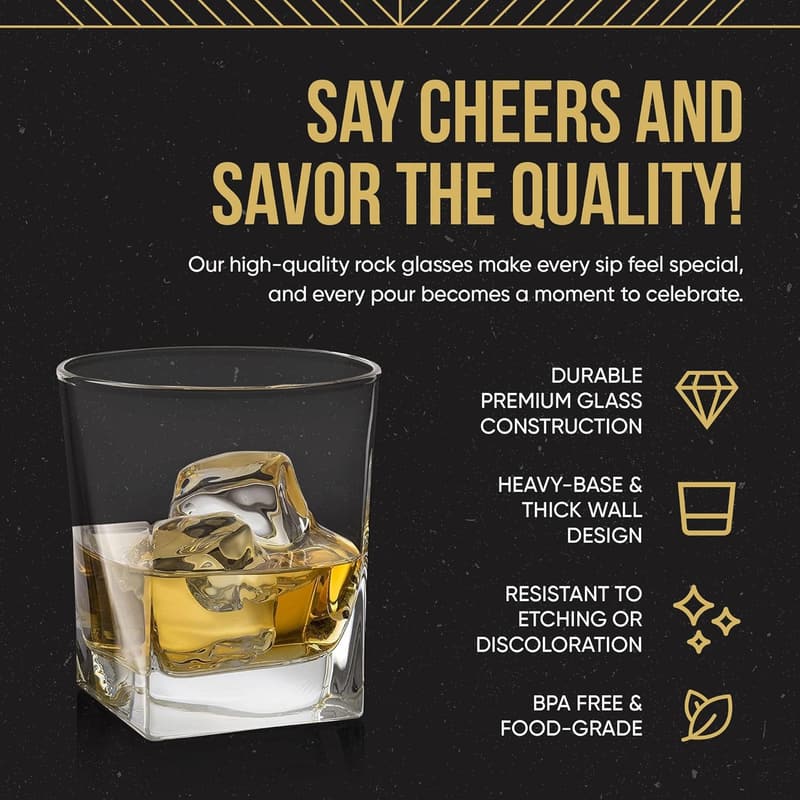 Set of 4 Heavy Base Whiskey Glasses with Granite Chilling Stones