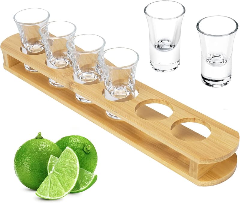 Bamboo Shot Glass Set with 6 Heavy Base Glasses for Parties