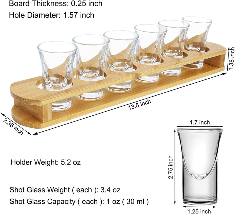 Bamboo Shot Glass Set with 6 Heavy Base Glasses for Parties
