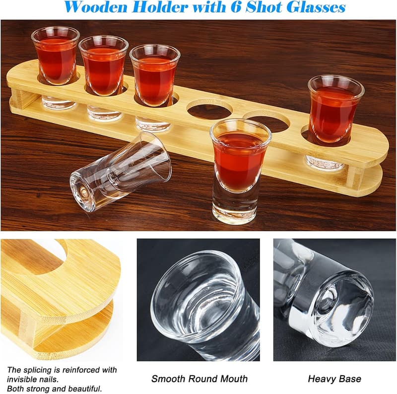 Bamboo Shot Glass Set with 6 Heavy Base Glasses for Parties