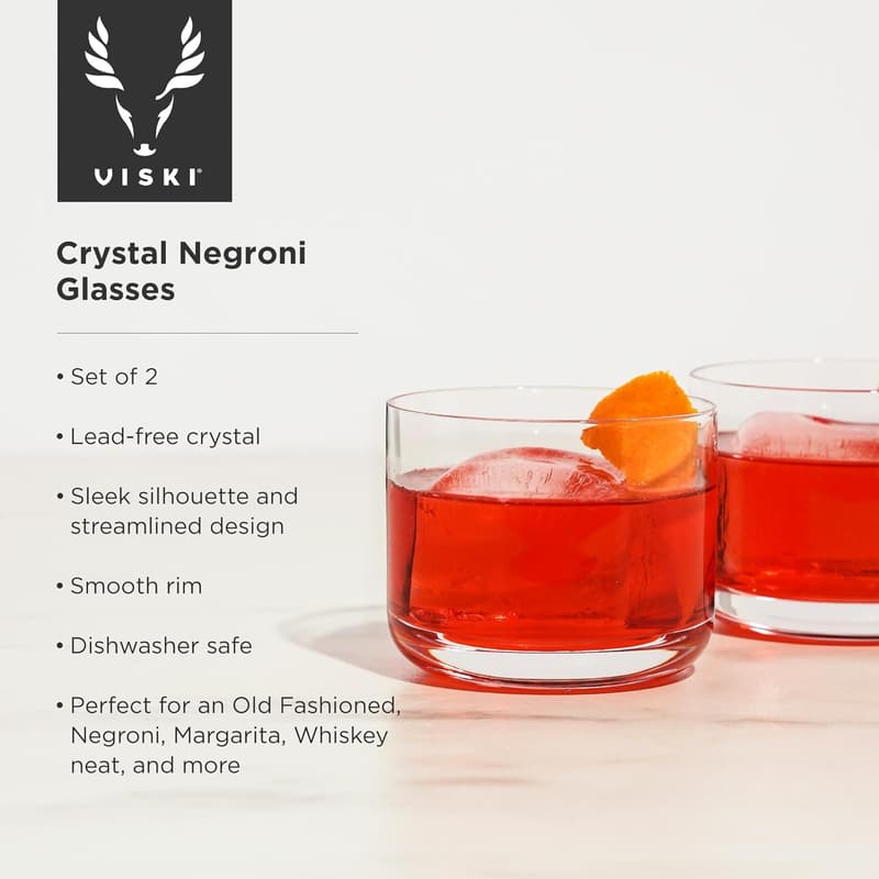 Viski Raye Set of 2 Crystal Lowball Cocktail Glasses, 8oz