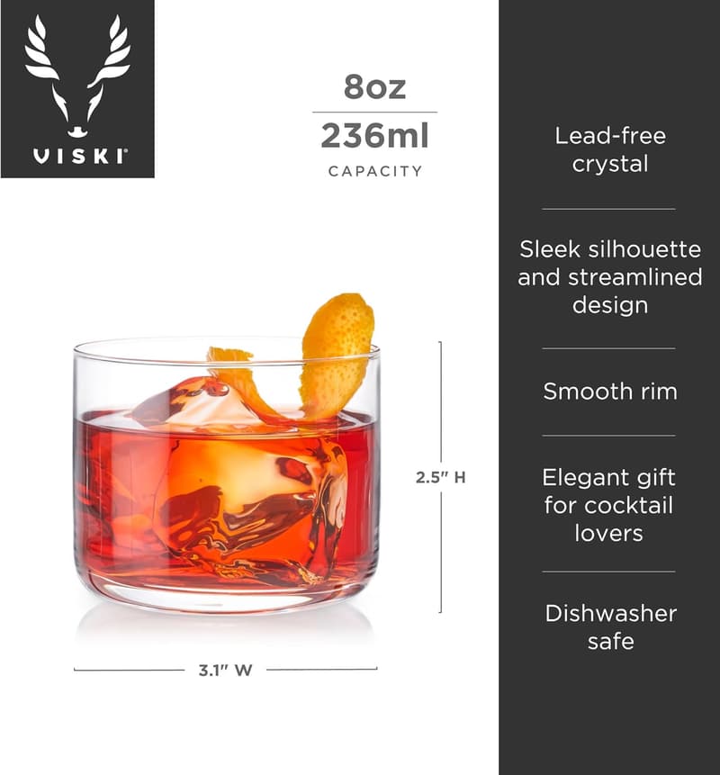 Viski Raye Set of 2 Crystal Lowball Cocktail Glasses, 8oz