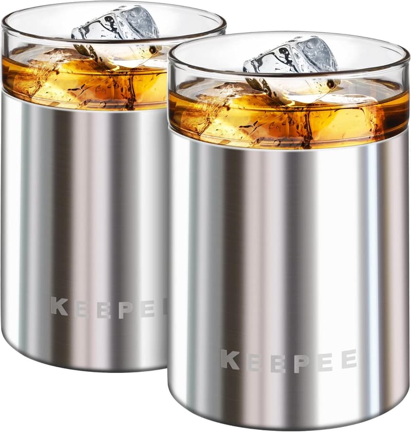 Insulated Whiskey Glass Set - 10oz Metal Tumbler with Glass Insert