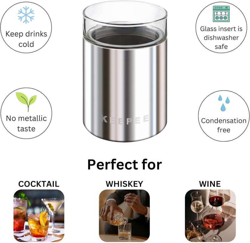 Insulated Whiskey Glass Set - 10oz Metal Tumbler with Glass Insert