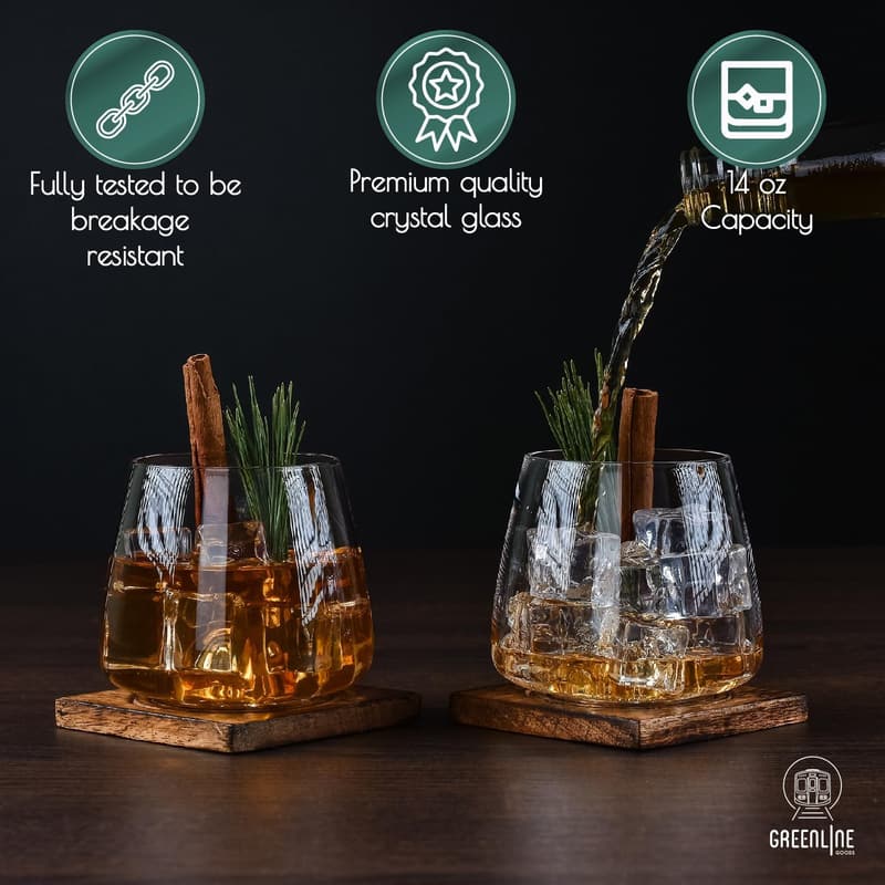 Hand Blown 14 oz Crystal Whiskey Glasses Set of 2
