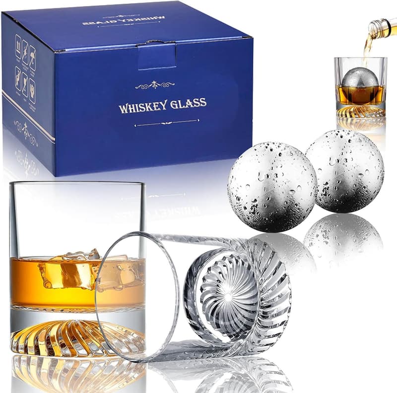 Old Fashioned Whiskey Glass Set with Stainless Steel Ice Balls