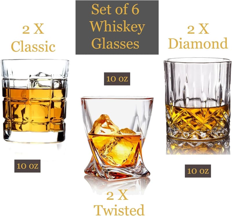 Set of 6 Multi-Style Whiskey Glasses for Men - 10 oz Barware