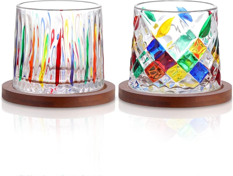Colorful Hand-Painted Whiskey Glass Set with Coasters, 9 oz