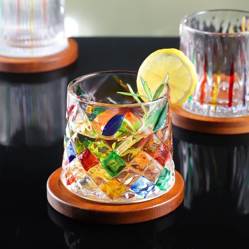 Colorful Hand-Painted Whiskey Glass Set with Coasters, 9 oz